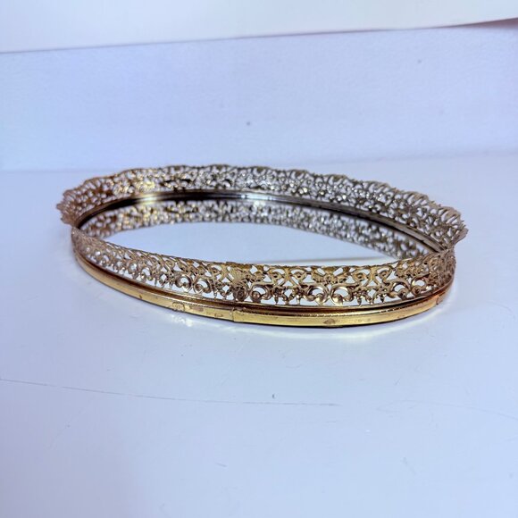 Regency Oval Mirror Vanity Tray VTG Ornate Gold Tone Filigree Glam Dresser Table - Picture 7 of 12